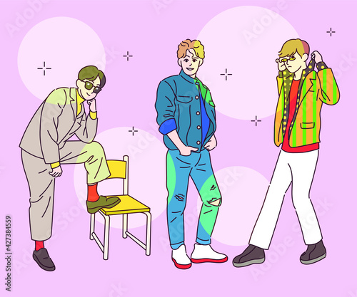 Men are dressed up in retro fashion. hand drawn style vector design illustrations. 