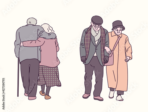 An elderly couple walking together. hand drawn style vector design illustrations. 