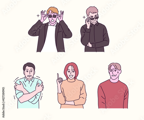 People of various gestures. People who pretend to be cool and those who don't like to look. hand drawn style vector design illustrations. 