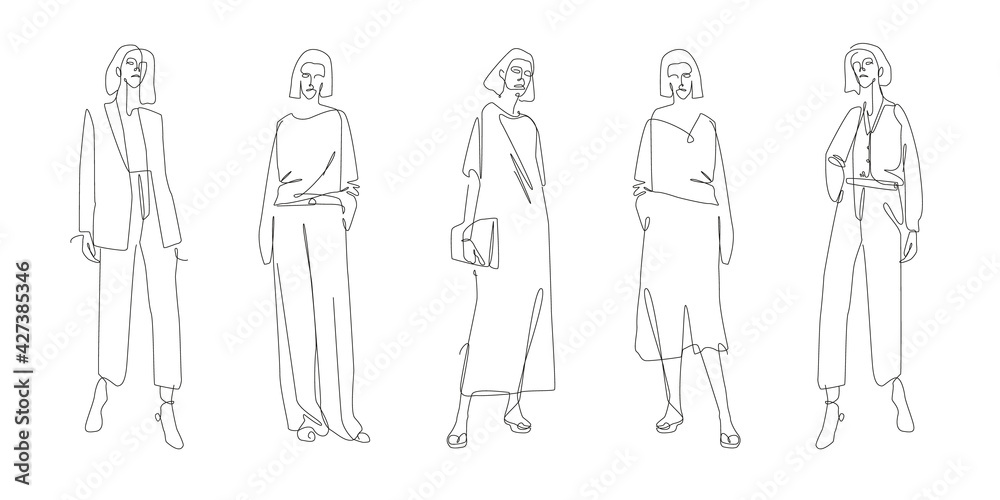 One line fashion clothing. Summer and spring clothes collection line art style. Outline fashion illustration. Women look continuous line. One line fashion clothing. Summer and spring clothes collection line art style. Outline fashion illustration. Women look continuous line.