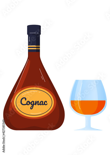 Alcohol drink bottle, cognac transparent glass with beverage, golden color, cartoon style vector illustration, isolated on white.