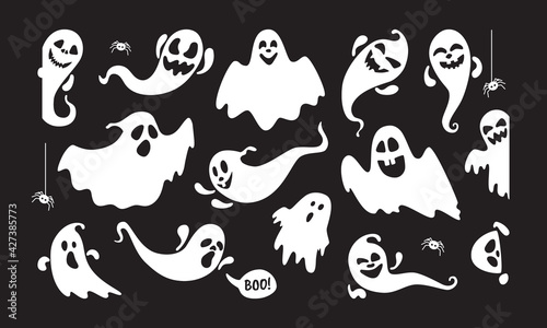 Cute ghost holiday characters flat style design vector illustration set isolated on dark background. Halloween Haunted boo spooky symbol flying above the ground.