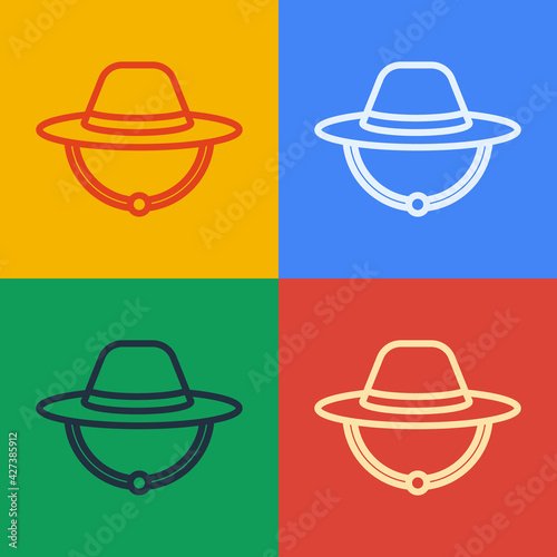 Pop art line Camping hat icon isolated on color background. Beach hat panama. Explorer travelers hat for hunting, hiking, tourism. Vector