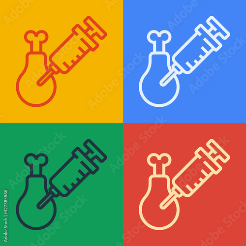 Pop art line Gmo research chicken icon isolated on color background. Syringe being injected to chicken. Vector