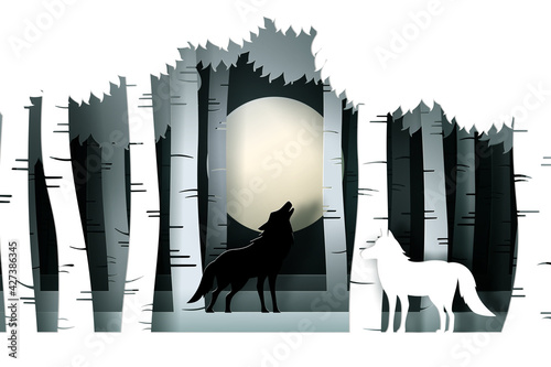 Vector and digital craft style of eco forest with Wolfs.