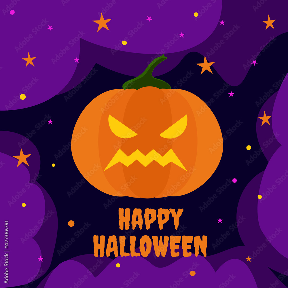 Happy Halloween. Pumpkin with an ominous smile on a dark multi-layered background, layers of purple fog, stars. Design of greeting cards, banners, flyers