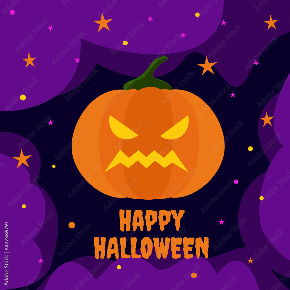 Fototapeta premium Happy Halloween. Pumpkin with an ominous smile on a dark multi-layered background, layers of purple fog, stars. Design of greeting cards, banners, flyers