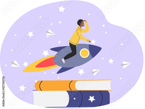 Man flying on rocket near stack of books. Guy on aircraft for space strives for goal and success