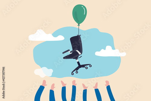 Candidate grabbing vacancy chair, human resources, HR recruitment concept, candidates hand trying to grab office chair flying in the air with balloon.