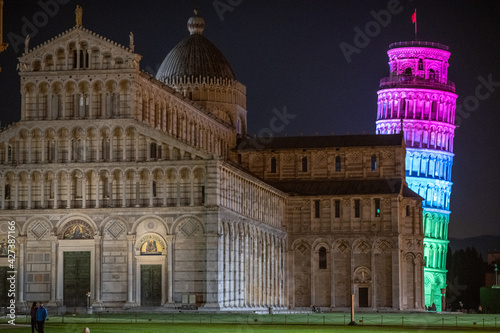 Tower of Pisa at night illuminated with strong colors