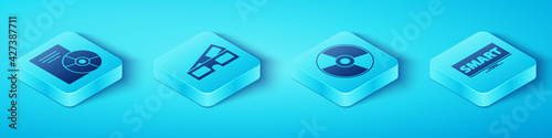 Set Isometric CD or DVD disk, 3D cinema glasses, Screen tv with Smart video and CD or DVD disk icon. Vector