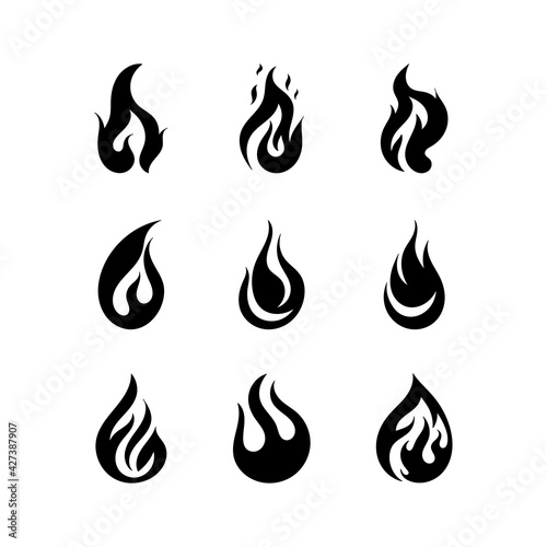 Black fire silhouettes. Simple outline fire flames, ignite and fiery explosion signs. Campfire isolated on white background icons. Fire flat flame icon.Vector illustration.