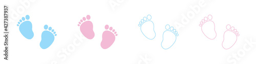 Set of vector illustrations of baby steps - pairs of pink and blue footprints in a flat styl