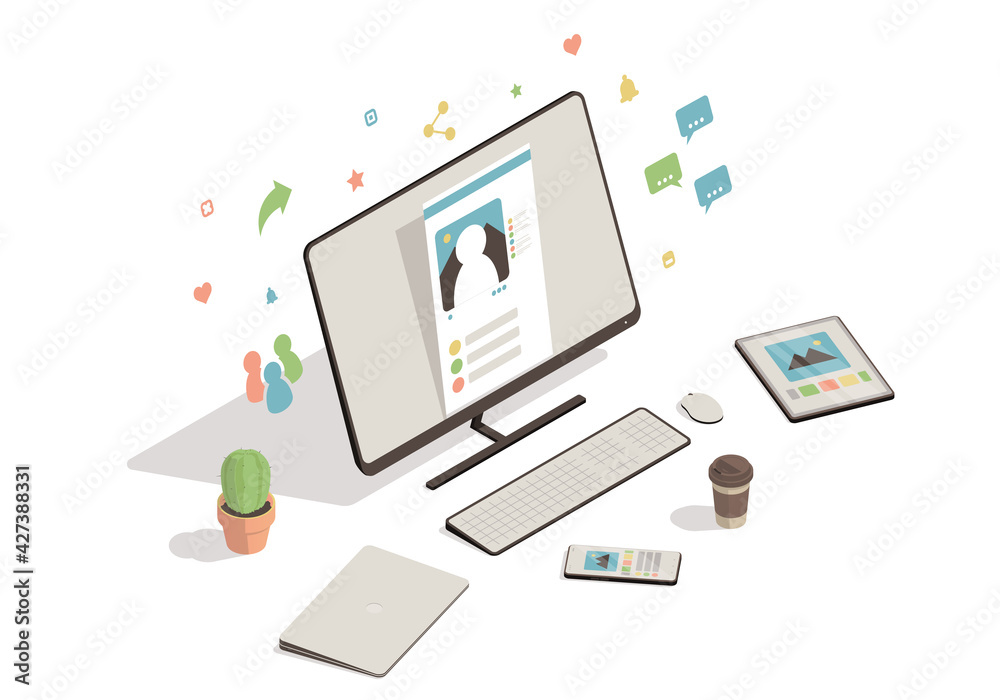 Social network concept. Isometric computer, tablet and smartphone on white background