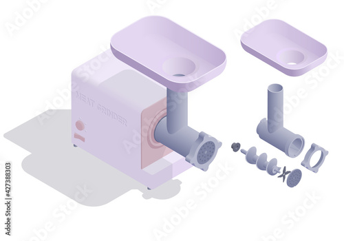 Isometric meat grinder with details on white background