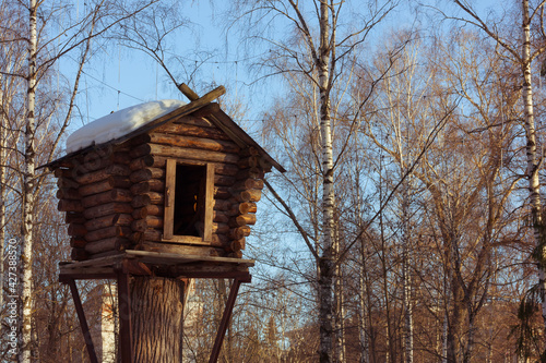 A children's hut with a little snow on the roof, stands on a wooden post against a background of blue sky and bare tree branches. Sunny day in the park, spring. © Isolda
