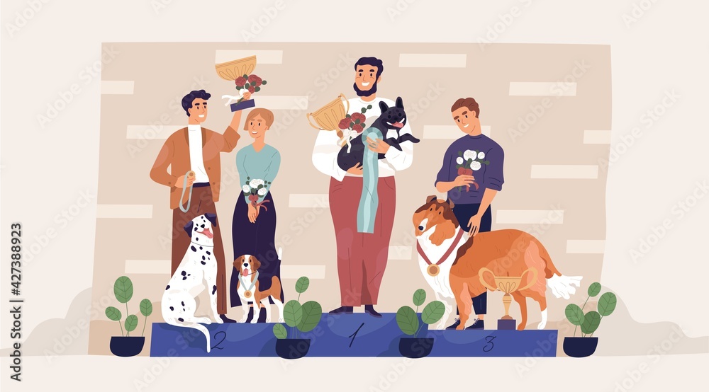 Winners of dog contest standing on pedestal with their owners, holding golden cups and medals. Champions with awards on podium. Leaders of pet competition. Colored flat graphic vector illustration