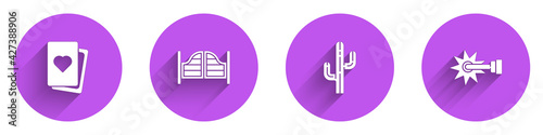 Set Deck of playing cards, Saloon door, Cactus and Spur icon with long shadow. Vector