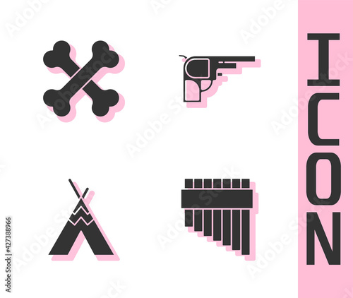 Set Pan flute, Crossed human bones, Indian teepee or wigwam and Revolver gun icon. Vector
