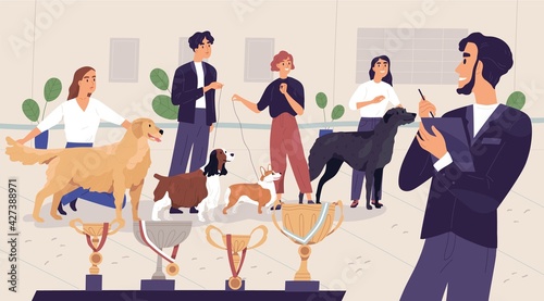 Scene with happy pet owners and dogs waiting for announcement and rewarding of competition winners. Awards of canine contest. Colored flat graphic vector illustration of awarding ceremony
