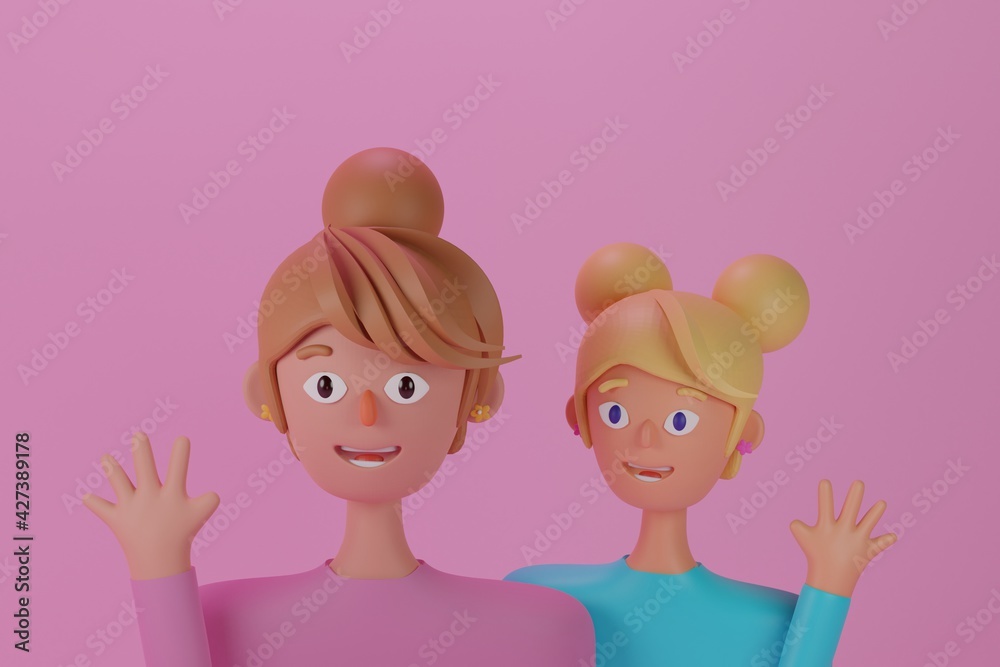 3d cute girl say Hi with hand up. Trendy bold colors and cute cartoon character render illustration 3d cute girl say Hi with hand up. Trendy bold colors and cute cartoon character render illustration