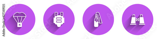 Set Box flying on parachute, Bulletproof vest, Cocktail molotov and Binoculars icon with long shadow. Vector