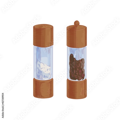 Salt shaker and black pepper mill or grinder from wood and glass. Bottles fil...