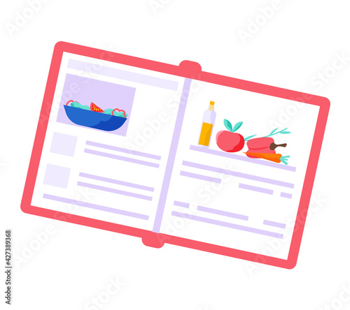 Open book with sequential recipe for vegetable salad. Cooking and culinary guide for chefs