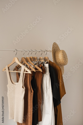 Aesthetic minimalist fashion influencer blog composition. Stylish pastel  summer female clothes, dress, tops, t-shirts, straw hat on clothing rack  against white wall. Fashion women wear Stock Photo | Adobe Stock