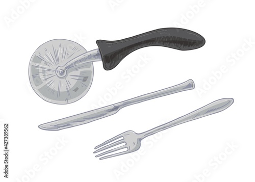 Set of kitchen metal tools such as pizza roller or cutter, table knife and fork from stainless steel. Instruments for cutting and slicing. Realistic hand-drawn vector illustration isolated on white