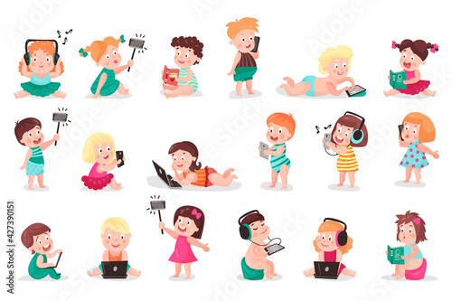 Kid Toddler Using Mobile Gadget and Device Listening to Music, Taking Photograph and Speaking by Phone Vector Illustration Set