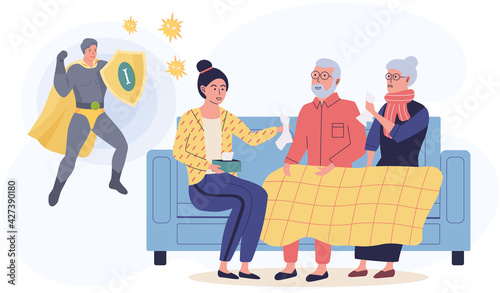 Man and woman in blankets suffer from runny nose. Elderly couple of people has treatment at home