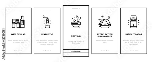 Spice Condiment Herb Onboarding Mobile App Page Screen Vector. Salt And Pepper For Flavoring Meal In Kitchen Utensil. Spice On Spoon And Palm Illustrations