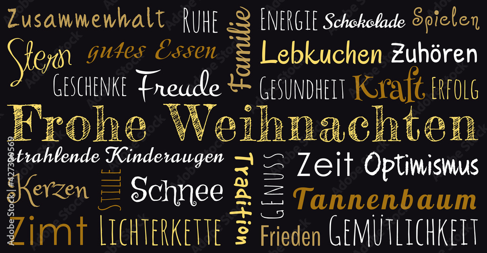Schwarze Kreidetafel mit deutschen Weihnachtsgrüßen Frohe Weihnachten in gold und mit positiven 
