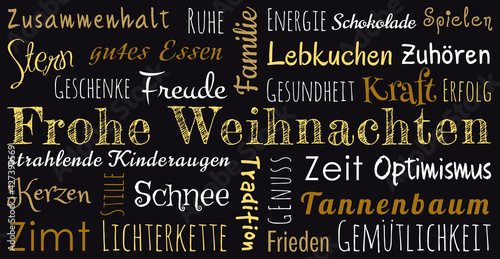 Schwarze Kreidetafel mit deutschen Weihnachtsgrüßen Frohe Weihnachten in gold und mit positiven Worten als Wortwolke, Textwolke