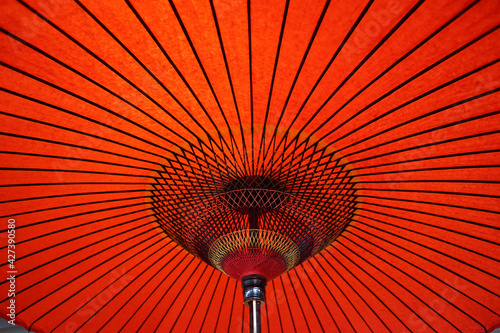 The framework of a red Japanese umbrella