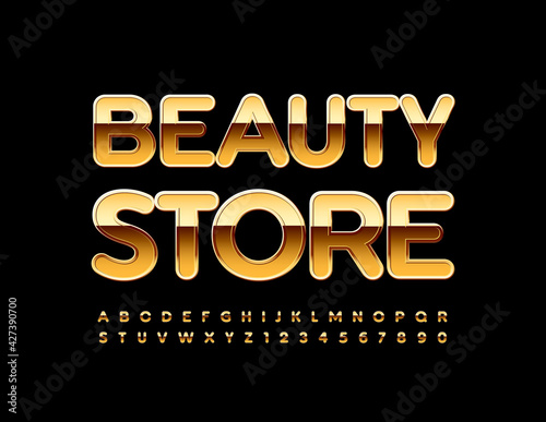 Vector glamour sign Beauty Store. Shiny elegant Font. Golden Alphabet Letters and Numbers set