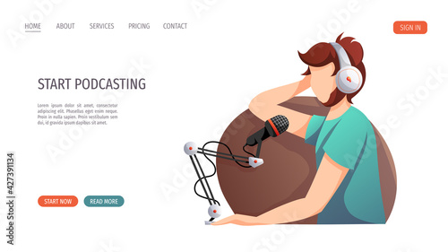 Man with microphone and headphones recording podcast. Streaming, Online show, blogging, podcasting, radio broadcasting concept. Vector illustration for website, poster, banner, advertising.