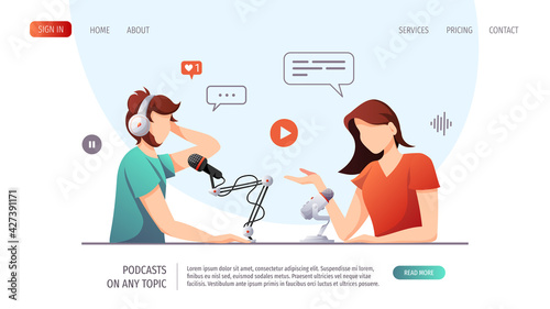 People with microphones and headphones. Streaming, Online show, interview, blogging, podcasting, radio broadcasting concept. Vector illustration for website, poster, banner, advertising. 