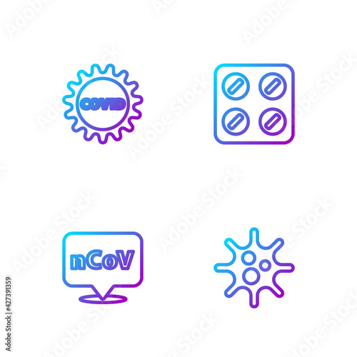 Set line Virus, Corona virus 2019-nCoV on location, covid-19 and Pills in blister pack. Gradient color icons. Vector