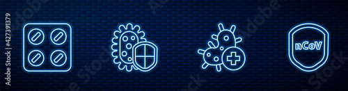 Set line Positive virus, Pills in blister pack, Shield protecting from and . Glowing neon icon on brick wall. Vector