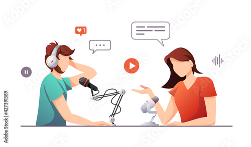 People with microphones and headphones. Streaming, Online show, interview, blogging, podcasting, radio broadcasting concept. Isolated vector illustration for poster, banner, advertising.