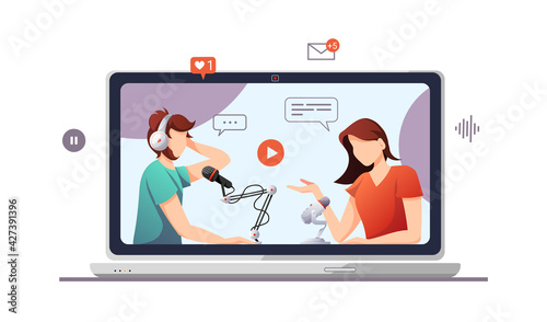 Laptop with people with microphones and headphones. Streaming, Online show, interview, blogging, podcasting, radio broadcasting concept. Isolated vector illustration for poster, banner, adver