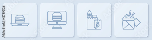 Set line Online ordering burger delivery, and, and noodles. White square button. Vector