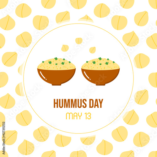 National Hummus Day vector greeting card, illustration with cute cartoon style bowl of hummus and chickpeas seamless pattern background. May 13.