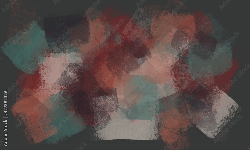 Grunge artwork in dirty red, gray and green strokes. Digital art by dry paint roller. Chaotic expressive geometry. Great as wall art, banner, certificate backdrop or creative texture, poster or print.