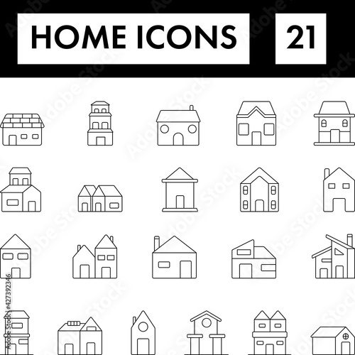 Black Line Art Set of Home Icon In Flat Style.