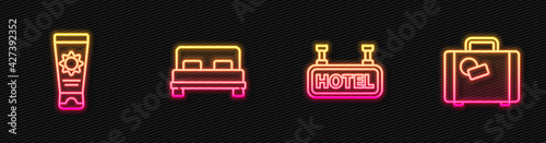 Set line Signboard with text Hotel, Sunscreen cream in tube, Big bed and Suitcase. Glowing neon icon. Vector