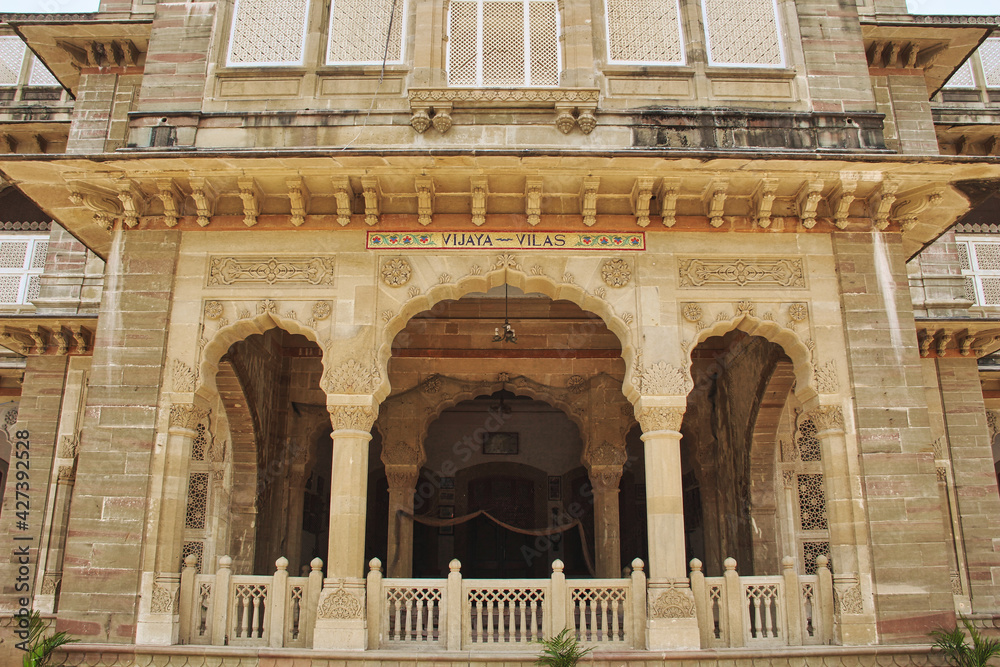 Zoomed in the front view of the Vijay Vilas Palace in Kutch, Gujarat.