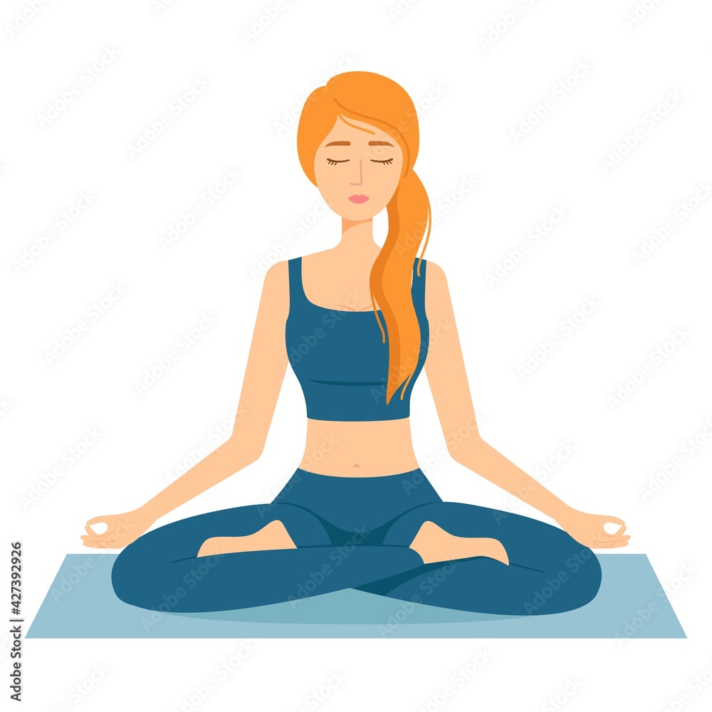 Meditating woman. Girl in lotus position practicing yoga, vector illustration